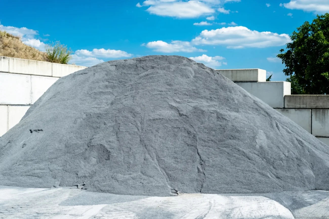 A large stockpile of manufactured sand under a blue sky.