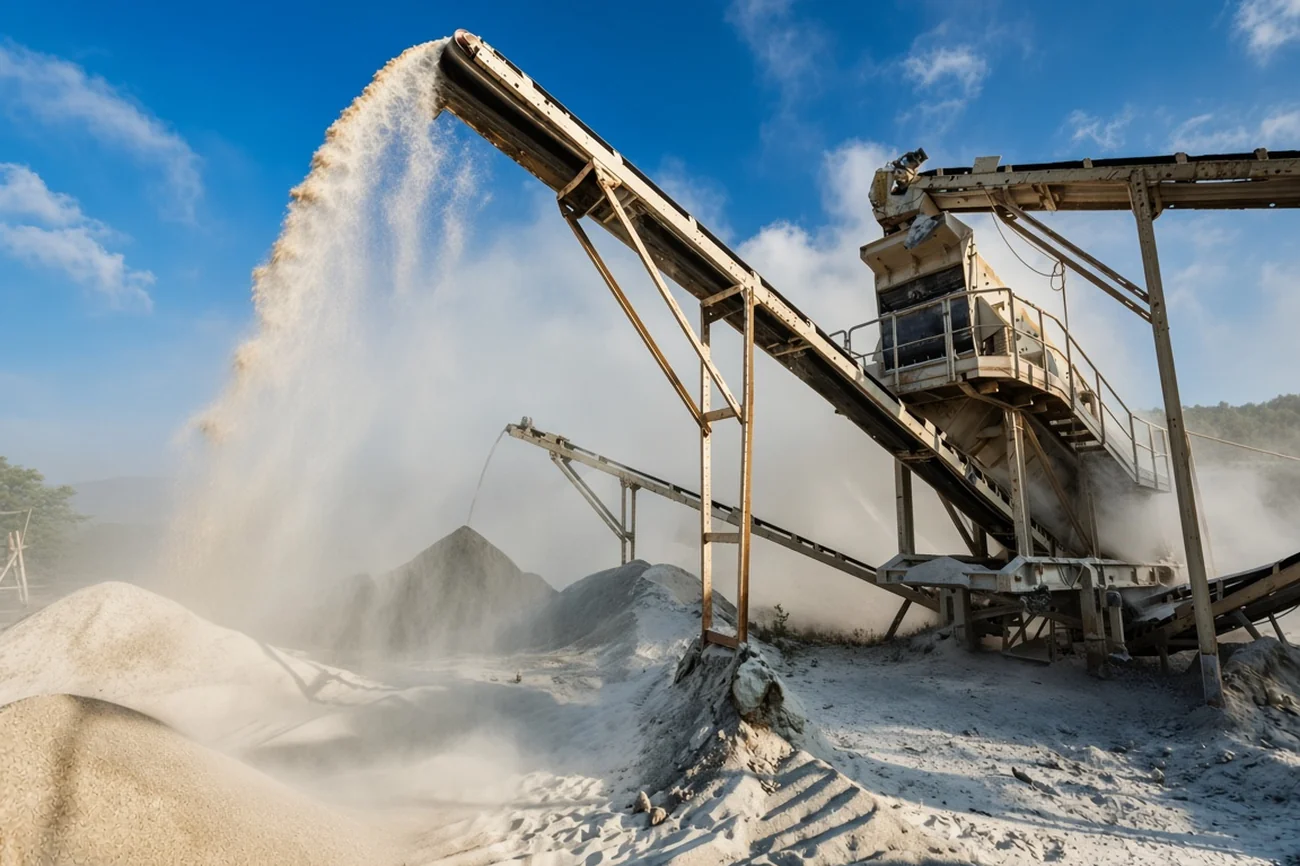 Conveyors and a screening tower on a crushing plant.