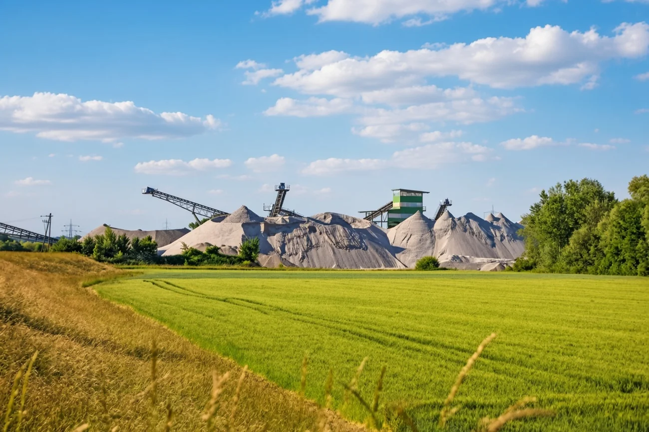 A crushing plant and stockpiles beside a green field.