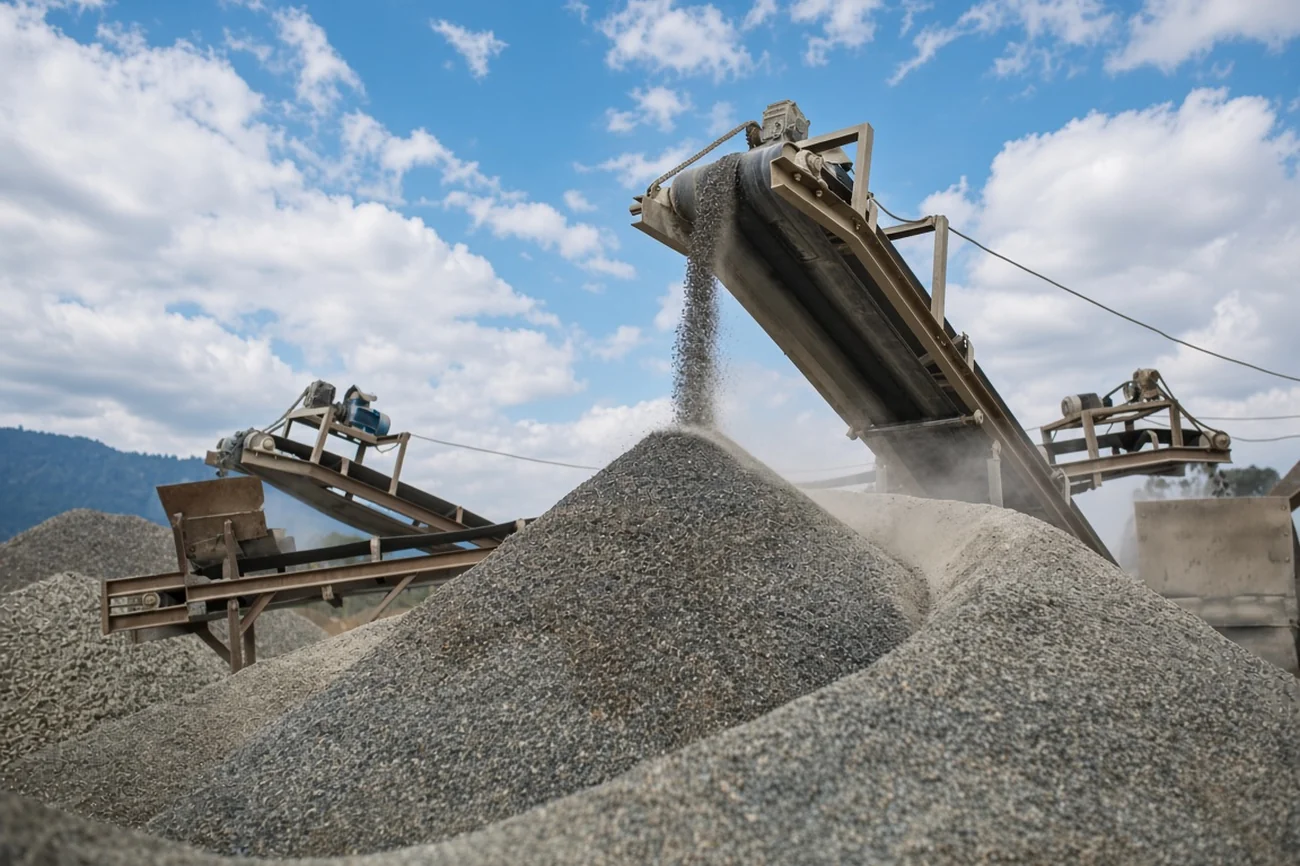 Crushed stone stockpiles at a working plant.